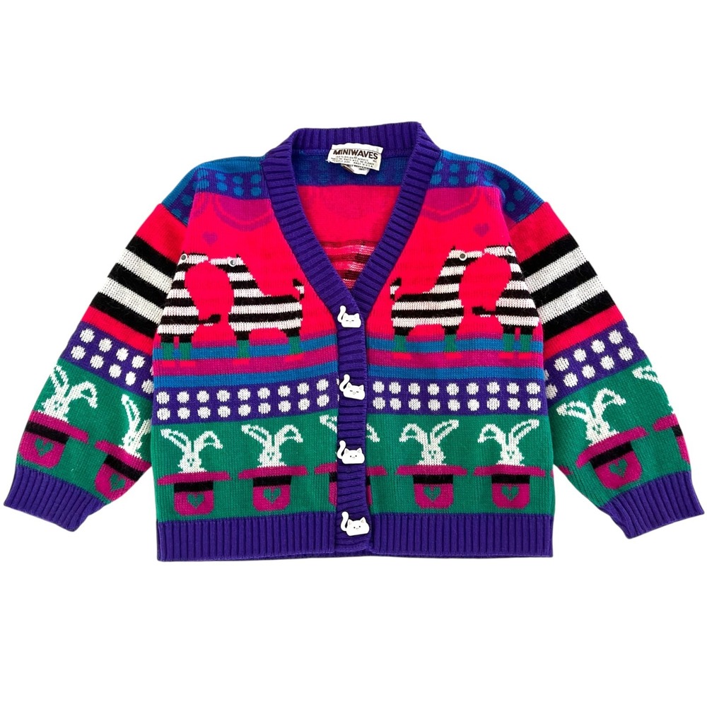 Vintage Mini Waves Cardigan Sweater Size 7 Animal Bright Colorful Knit Zebra Cat